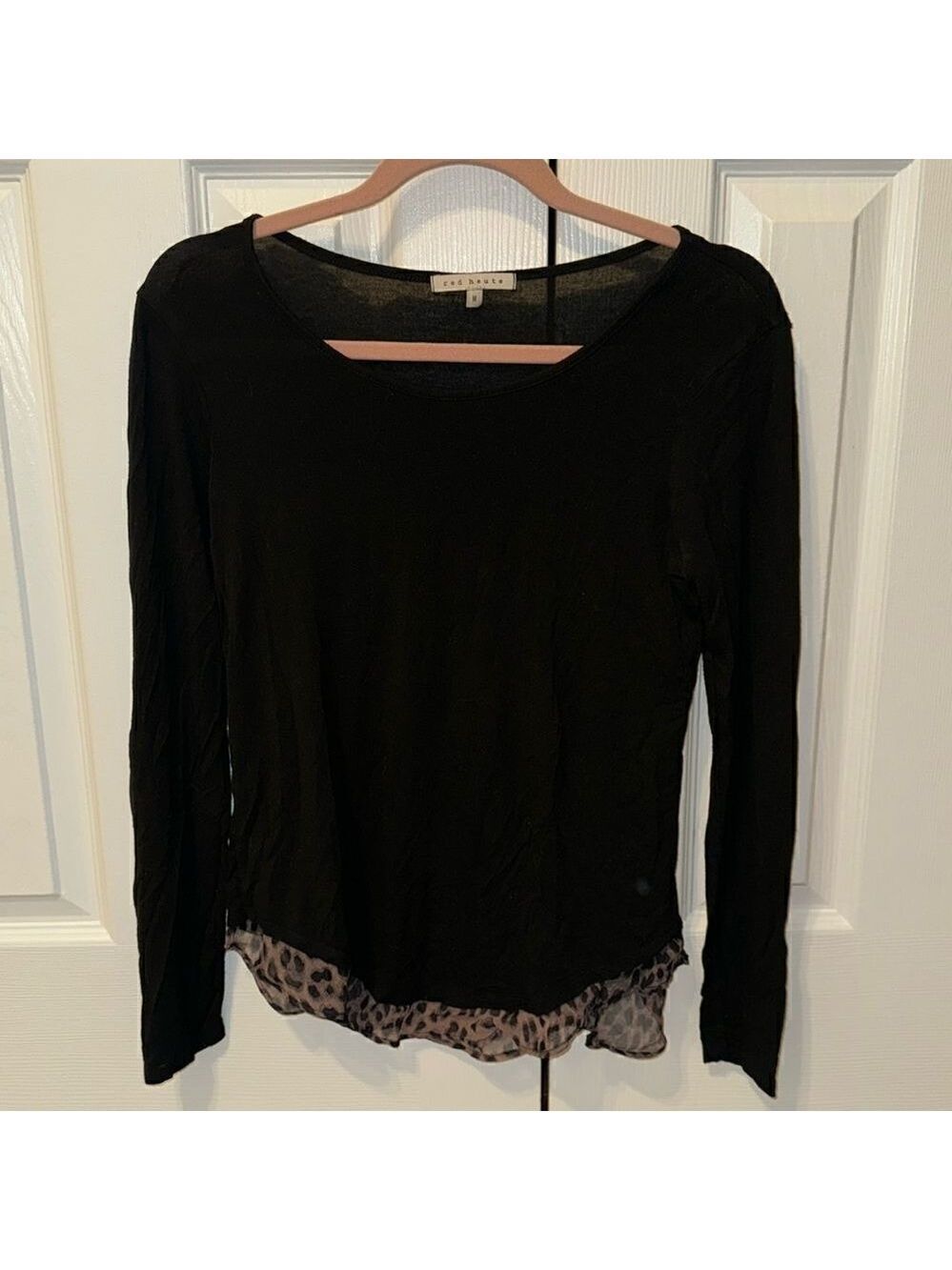 Red Haute Black Linen Leopard Print Sheer Top